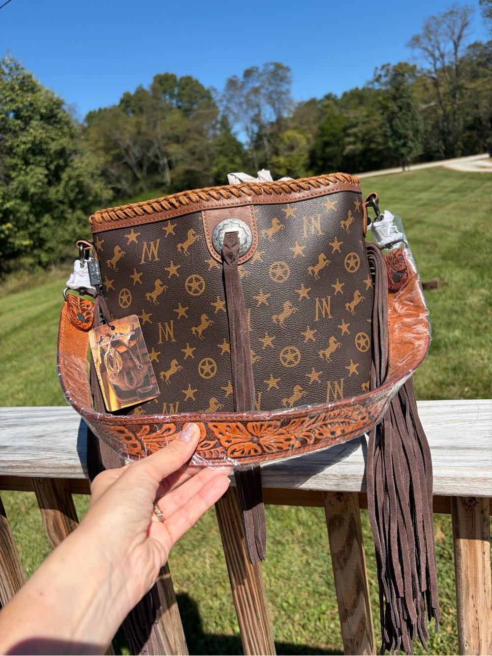Montana West Brown Monogram Fringe Concealed Carry Tote Handbag Tooled NWT